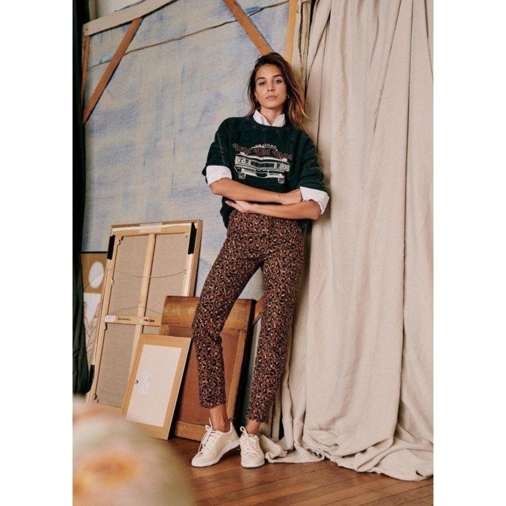 Sezane Brut Sexy Leopard Print Jeans‎ High Waist Straight Leg Camel Brown 30 NEW